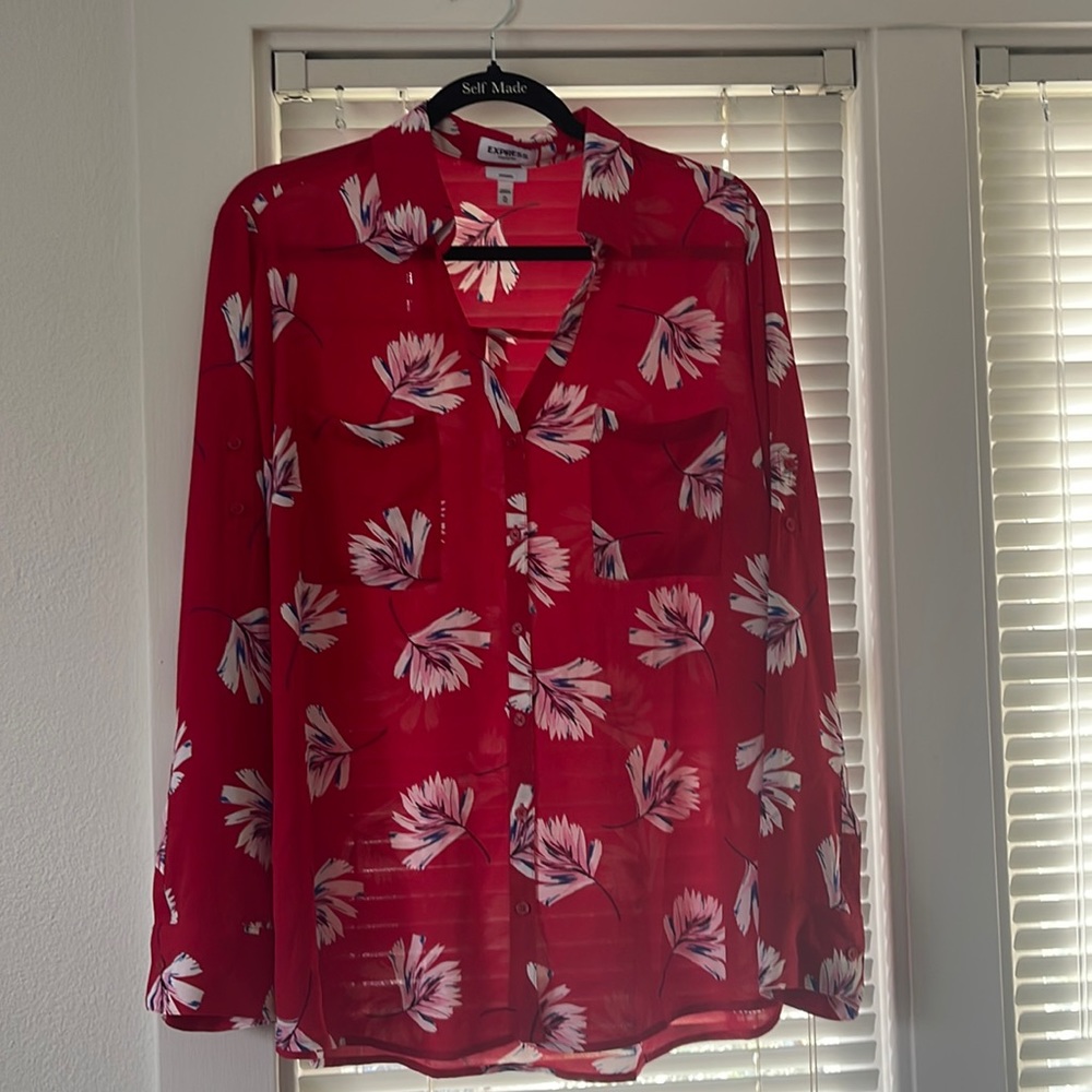 Express Portofino Red Abstract Floral Print Long Sleeve Shirt Size XL